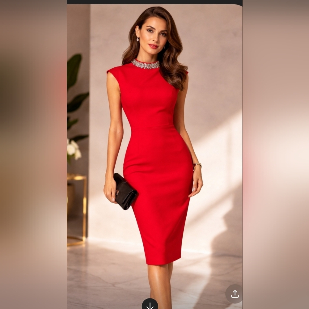 Ted Baker Red Midi Dress with Embellished Neckline